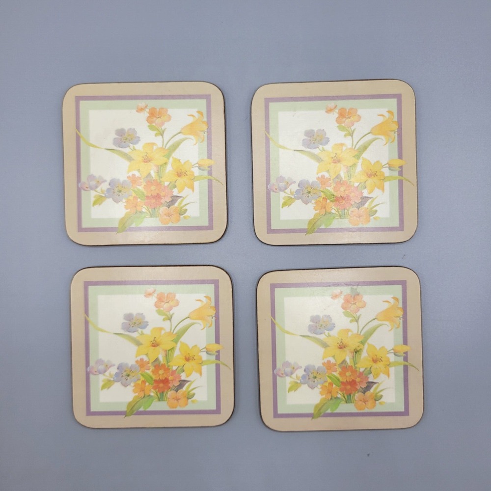 Vintage Boho Decor Pimpernel Floral Bouquet Print Coaster Set of 4 Acrylic Cork